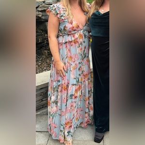Aqua blue floral print ruffle maxi dress, XL, Worn 1x
